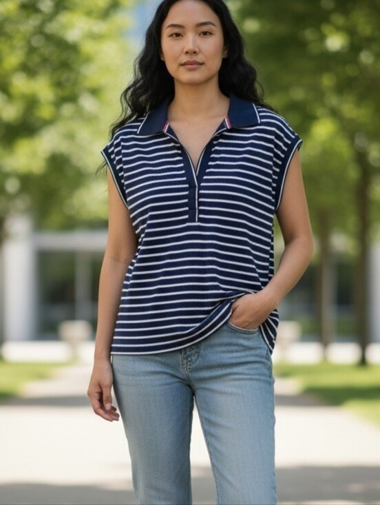 Jane and Delancey Tops - Jane and Delancey Navy and White Striped Polo Tank